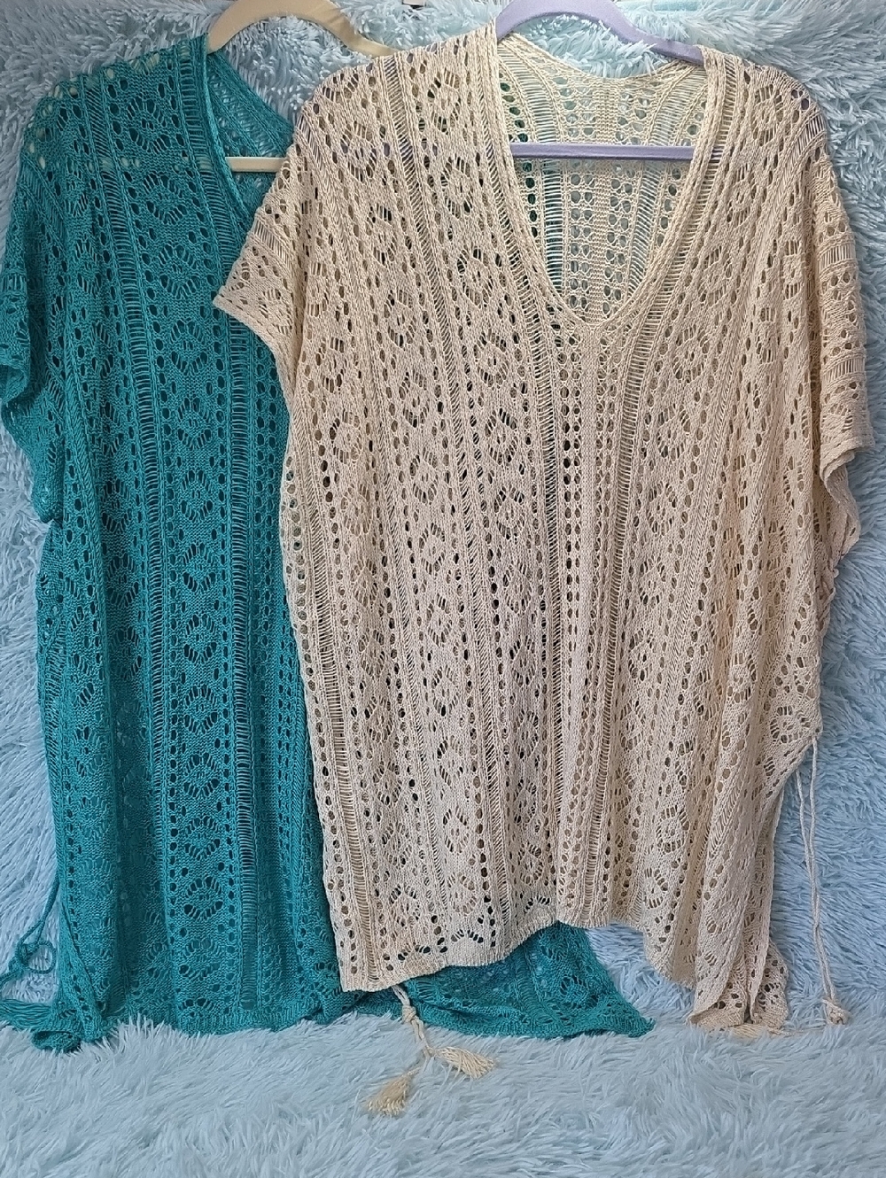 Boho Crochet Knit Swim Cover Up V-Neck Tassel Tunic Teal Cream